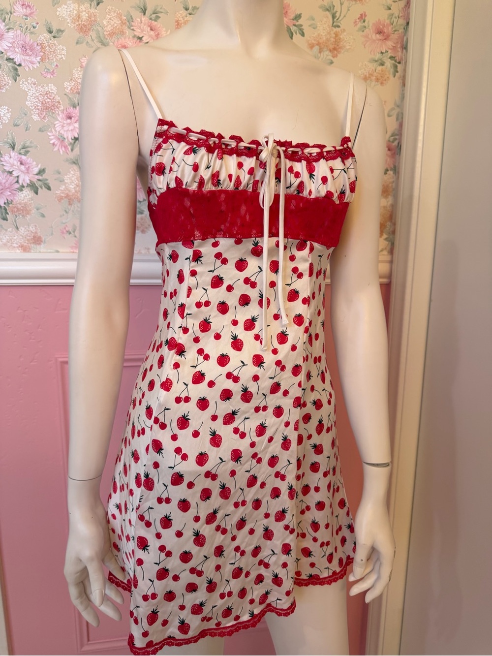 PINK Victoria's Secret Red & Cream Strawberry-Print Satin Chemise